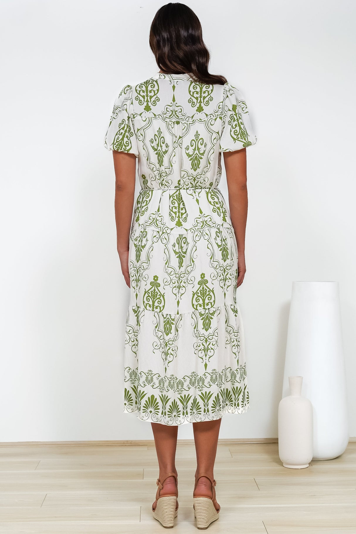 Andrea Midi Dress - Tiered Mandarin Collar Shirt Dress with Belt in Calita Print