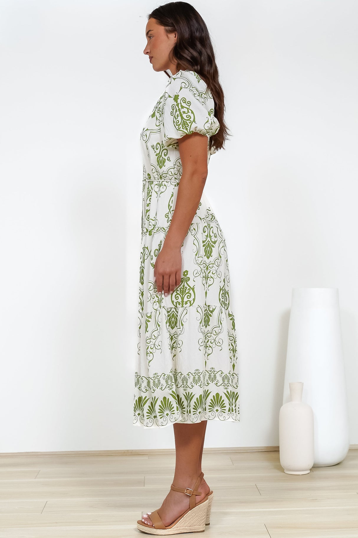 Andrea Midi Dress - Tiered Mandarin Collar Shirt Dress with Belt in Calita Print