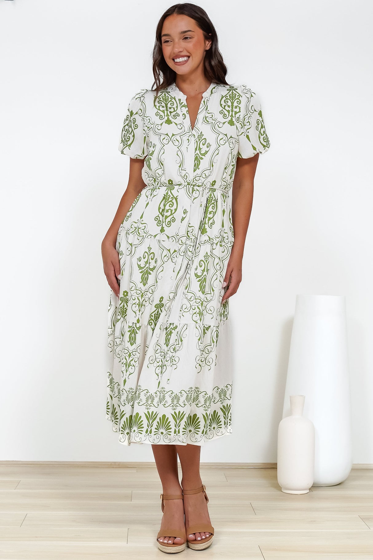Andrea Midi Dress - Tiered Mandarin Collar Shirt Dress with Belt in Calita Print