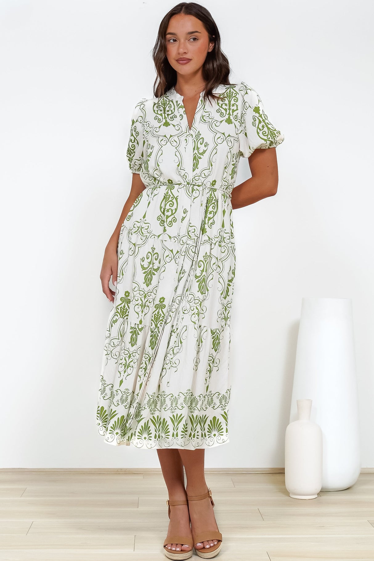 Andrea Midi Dress - Tiered Mandarin Collar Shirt Dress with Belt in Calita Print