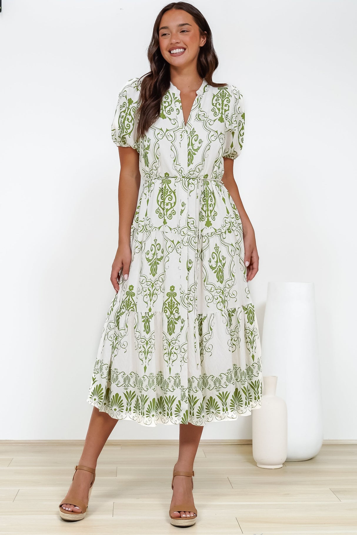 Andrea Midi Dress - Tiered Mandarin Collar Shirt Dress with Belt in Calita Print
