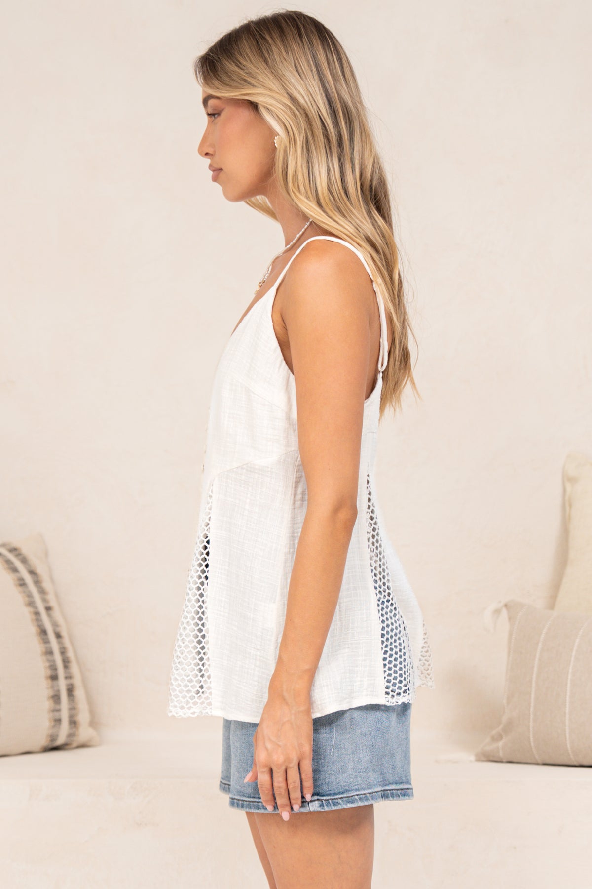 Andros Cami - V Neck Button Down Top with Crochet Net Insert Pants in White