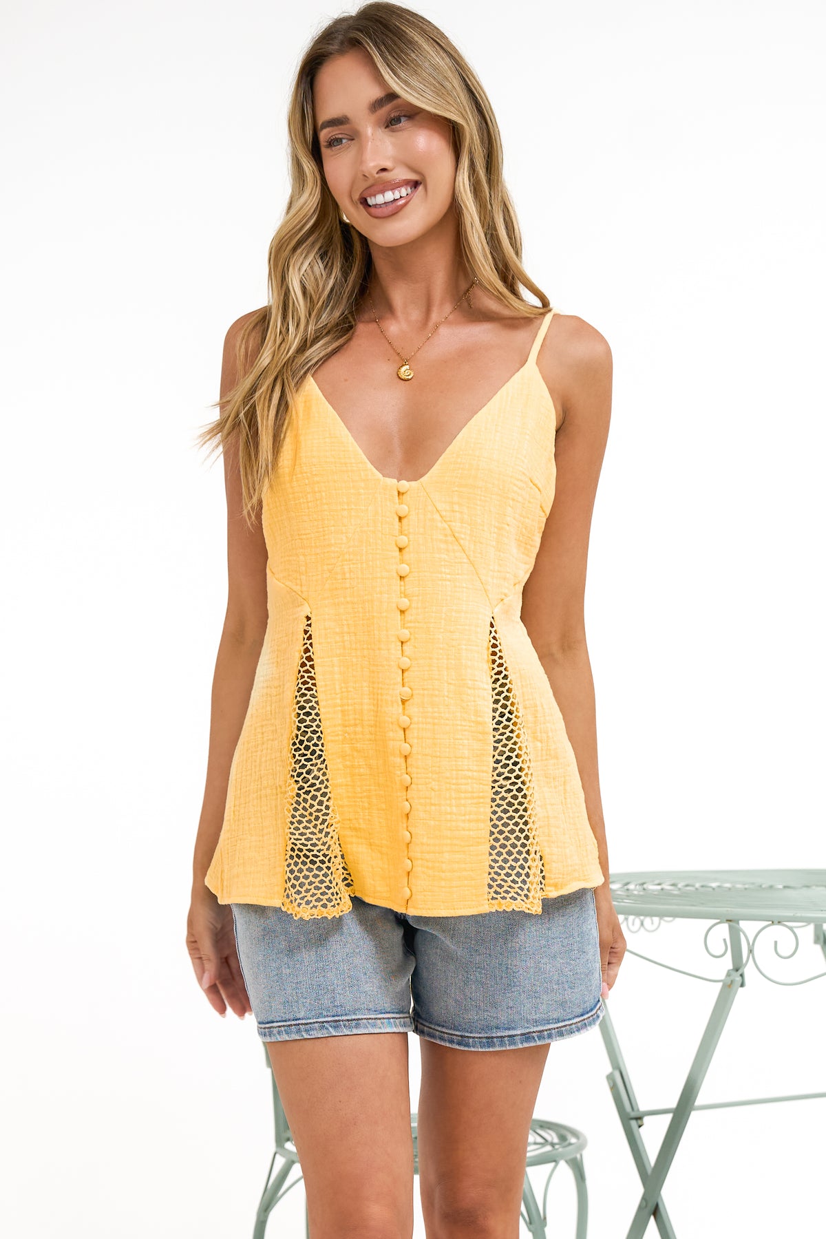 Andros Cami - V Neck Button Down Top with Crochet Net Insert Pants in Yellow