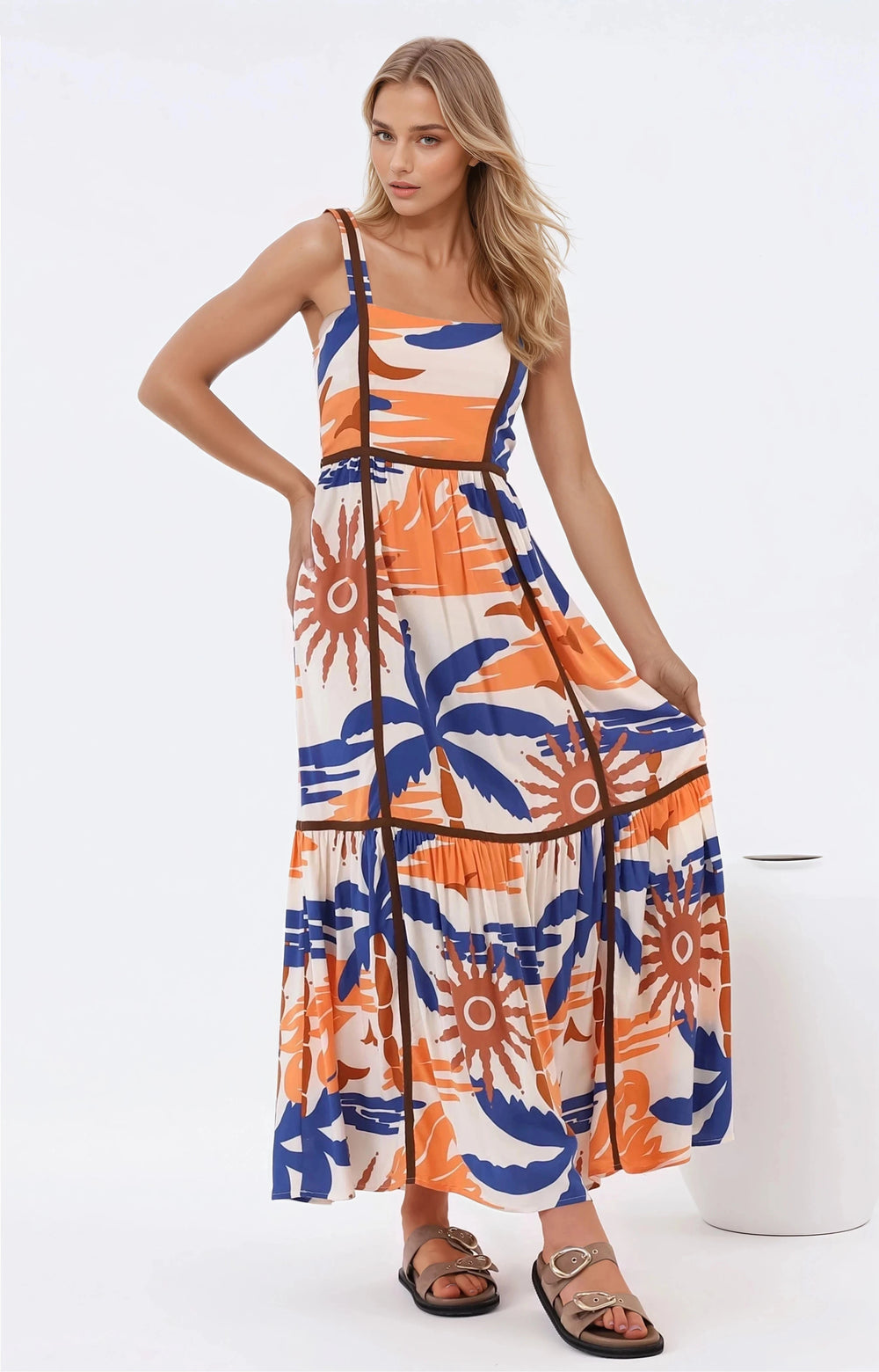 Angie Maxi Dress - Thick Strap Tiered Skirt Sun Dress in Trula Print