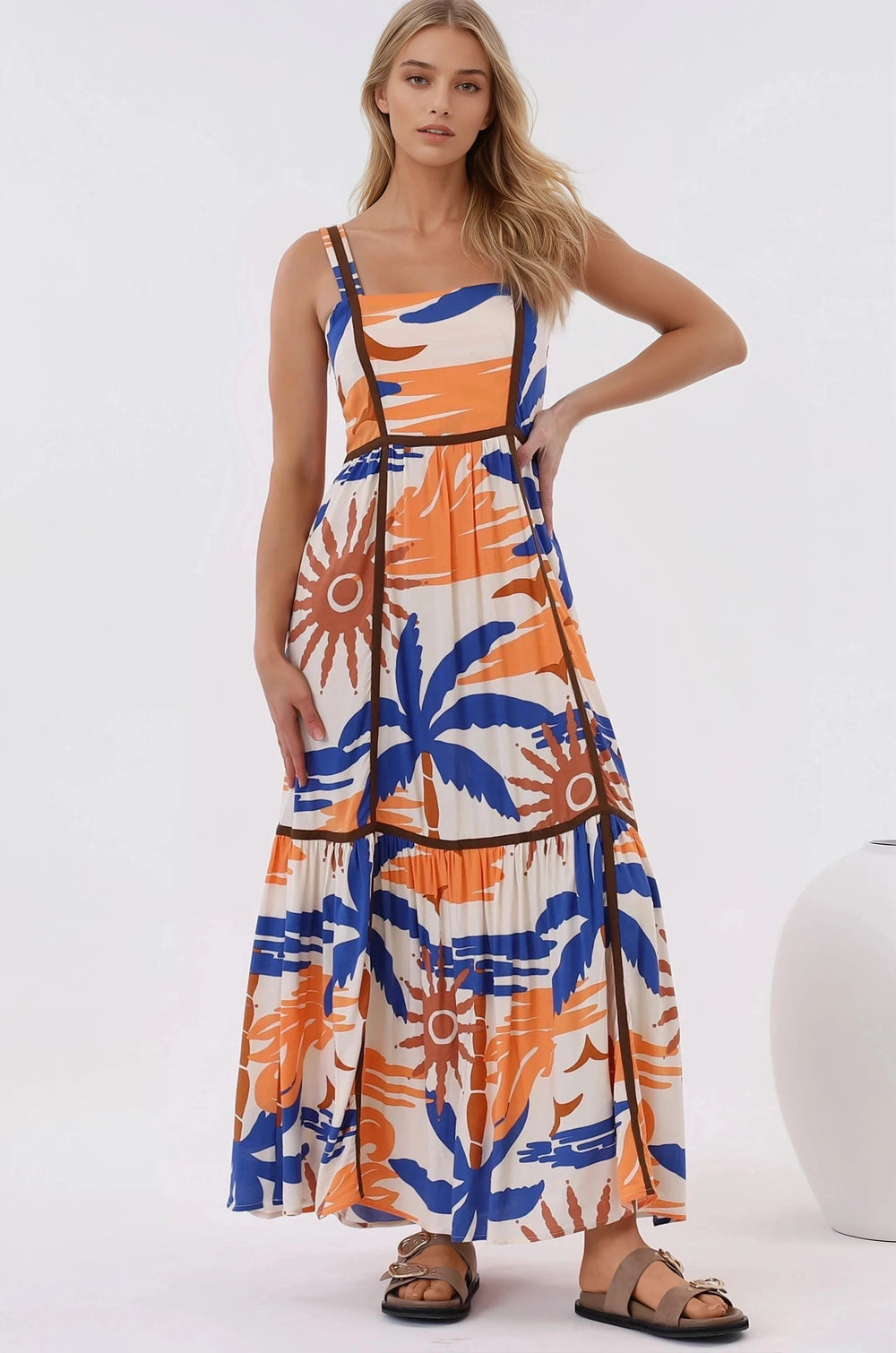 Angie Maxi Dress - Thick Strap Tiered Skirt Sun Dress in Trula Print
