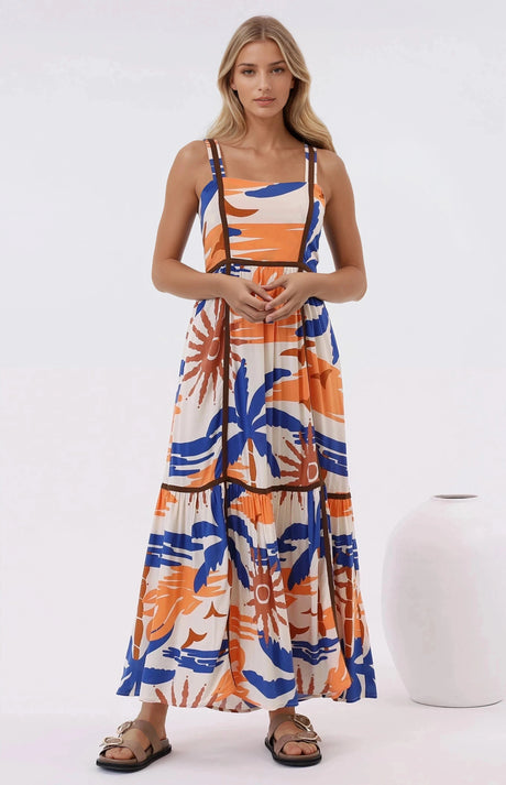 Angie Maxi Dress - Thick Strap Tiered Skirt Sun Dress in Trula Print
