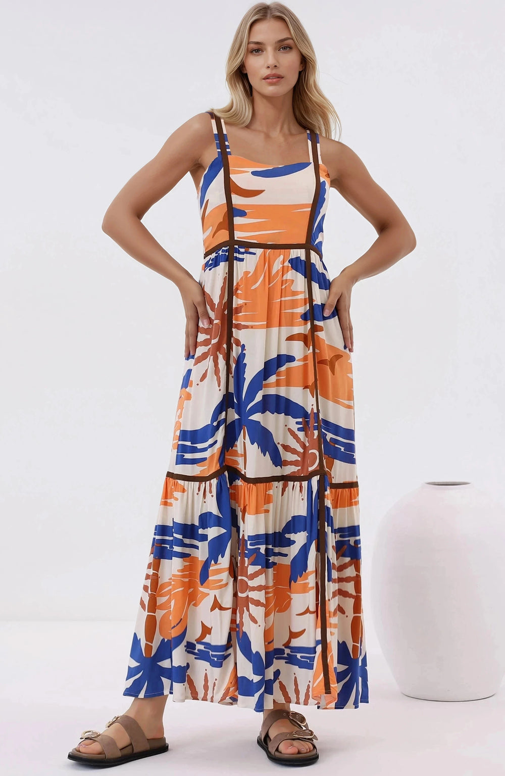 Angie Maxi Dress - Thick Strap Tiered Skirt Sun Dress in Trula Print
