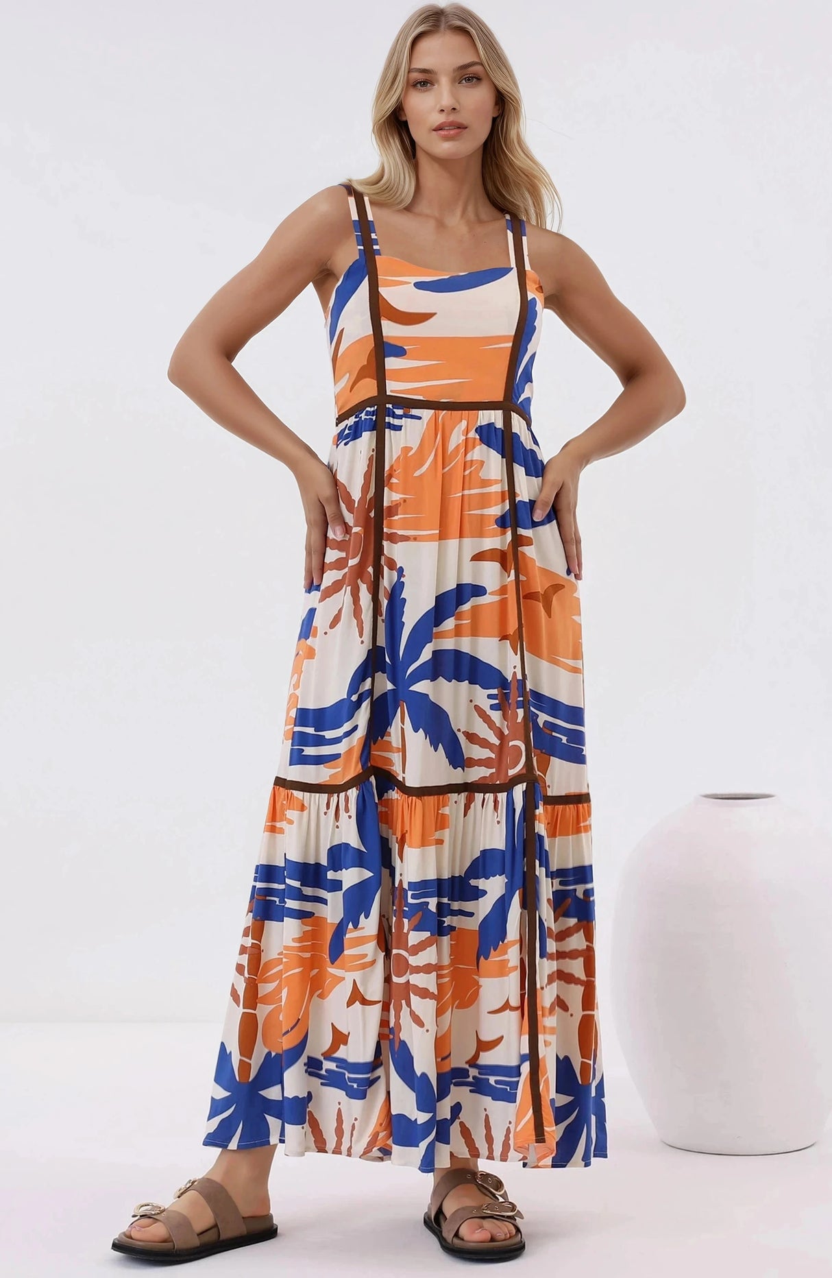 Angie Maxi Dress - Thick Strap Tiered Skirt Sun Dress in Trula Print