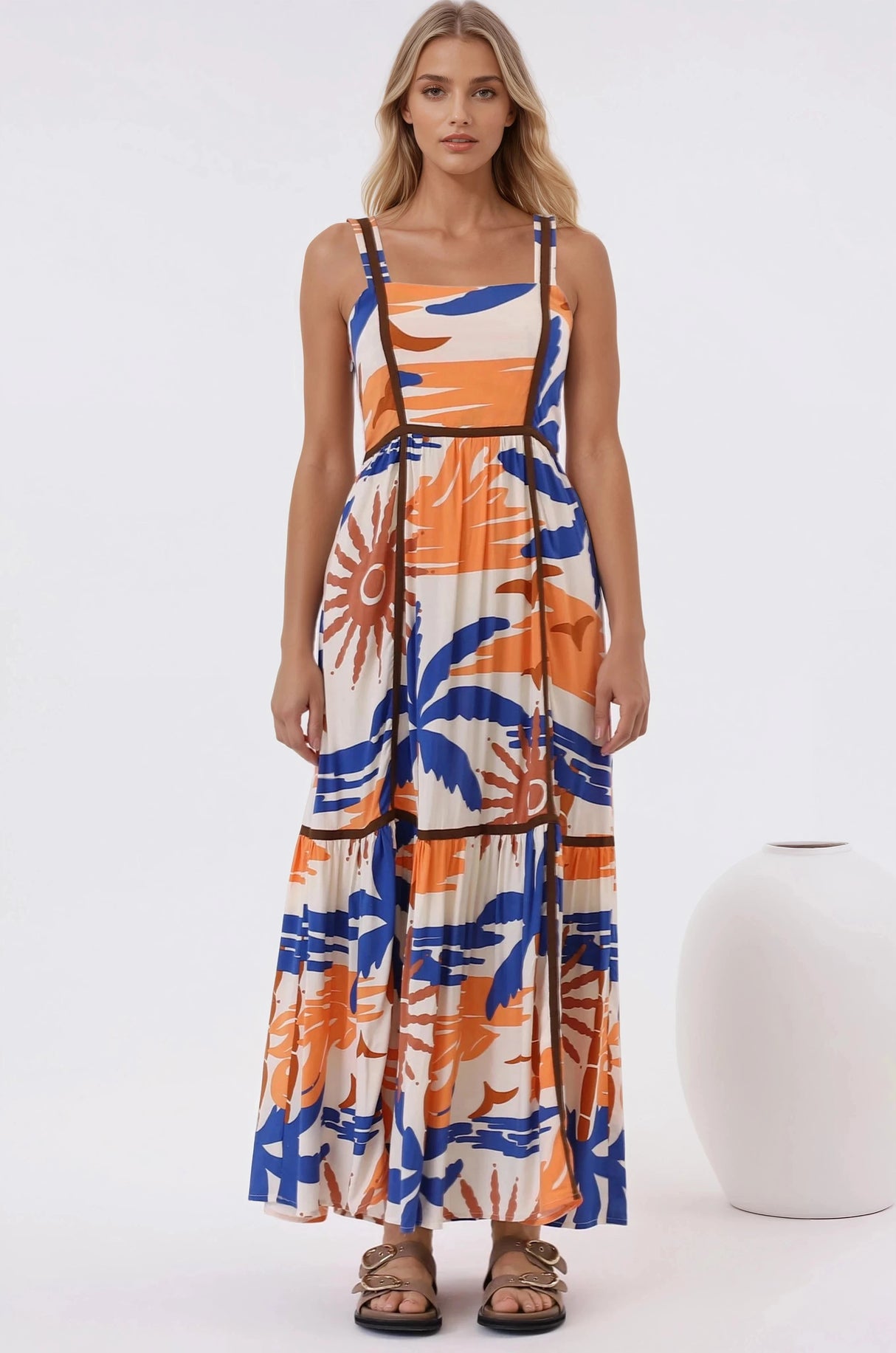 Angie Maxi Dress - Thick Strap Tiered Skirt Sun Dress in Trula Print