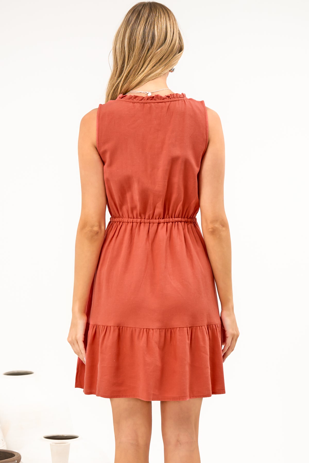 Angie Mini Dress - Sleeveless Frill Collar Dress with Drawstring Waist in Rust