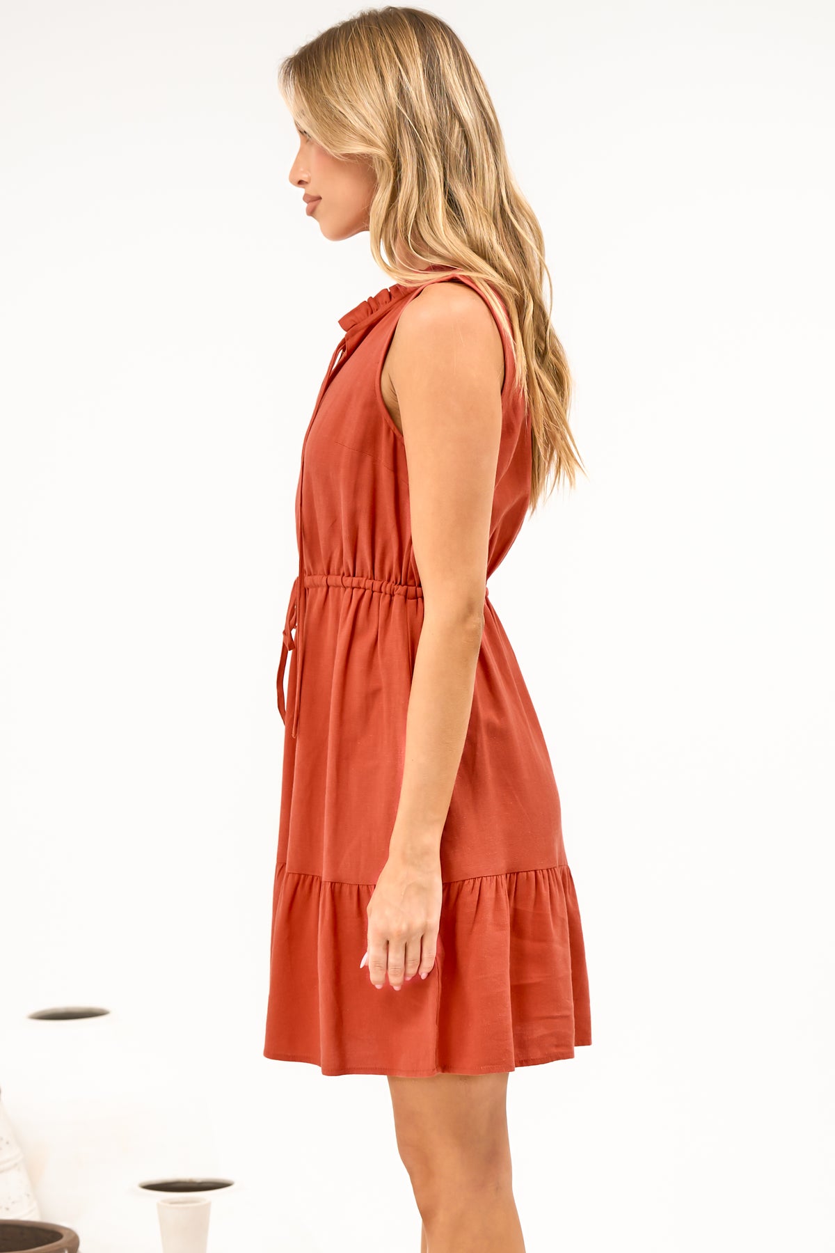 Angie Mini Dress - Sleeveless Frill Collar Dress with Drawstring Waist in Rust