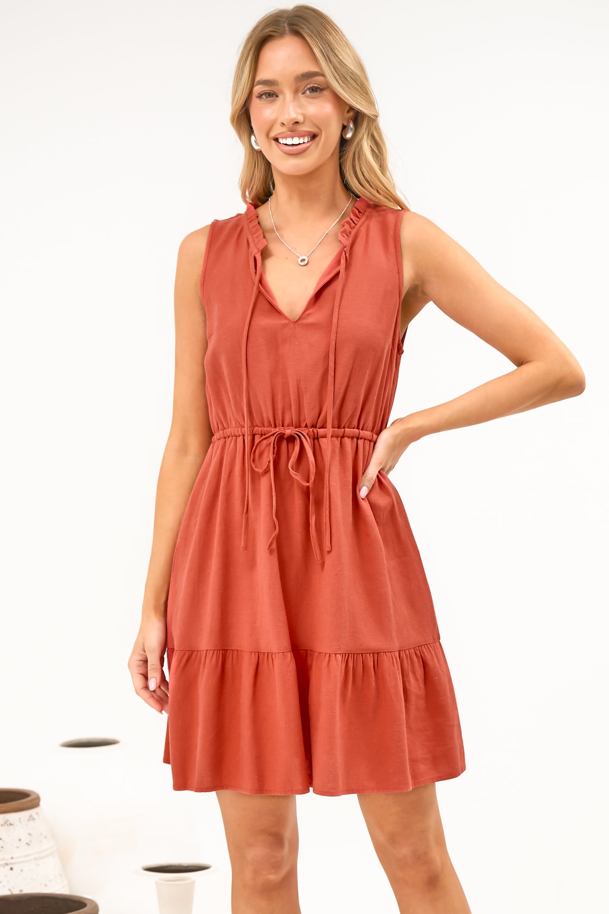 Angie Mini Dress - Sleeveless Frill Collar Dress with Drawstring Waist in Rust