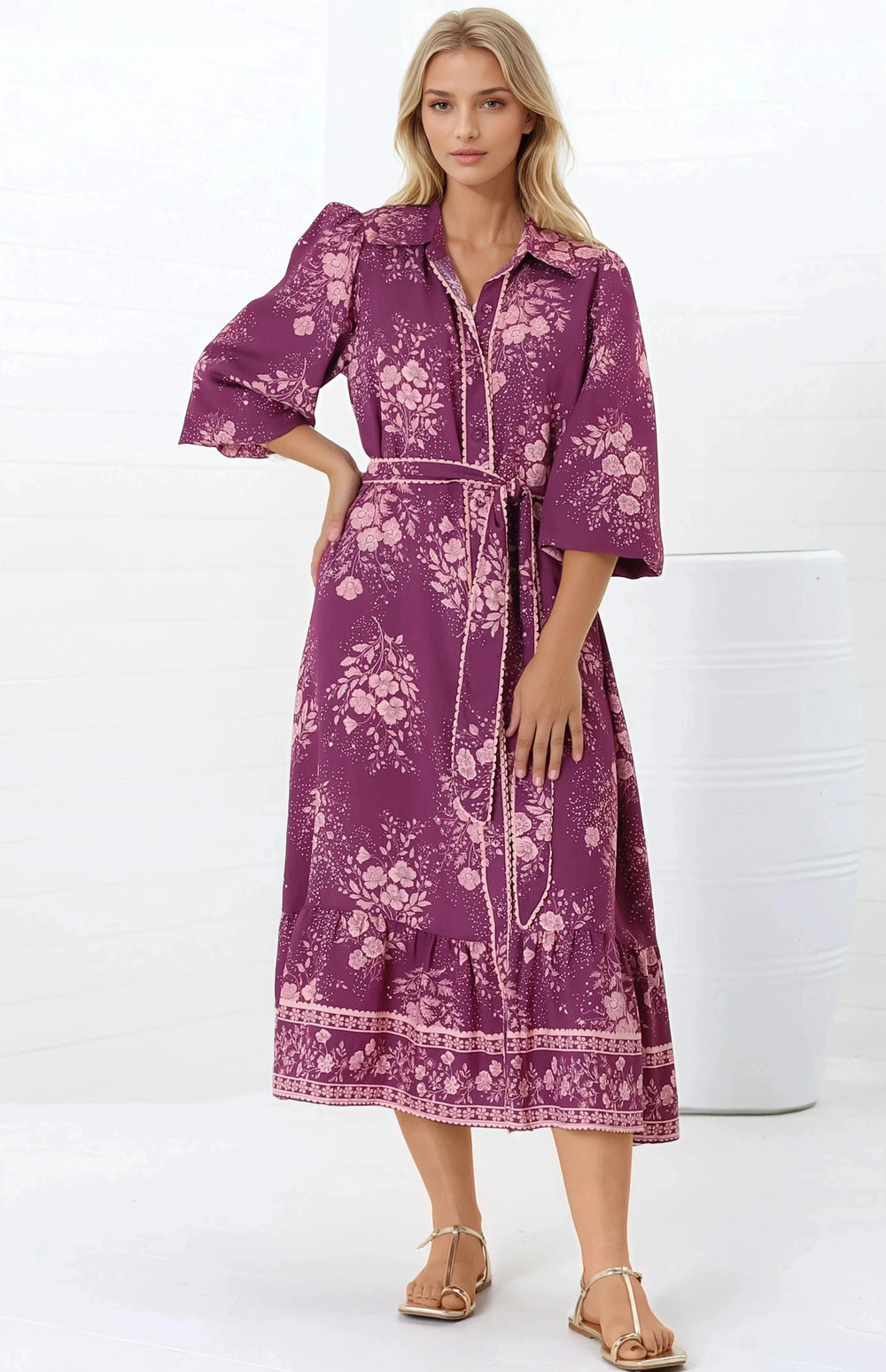 Anita Midi Dress - Button-Down Shirt Dress in Briella Print Berry