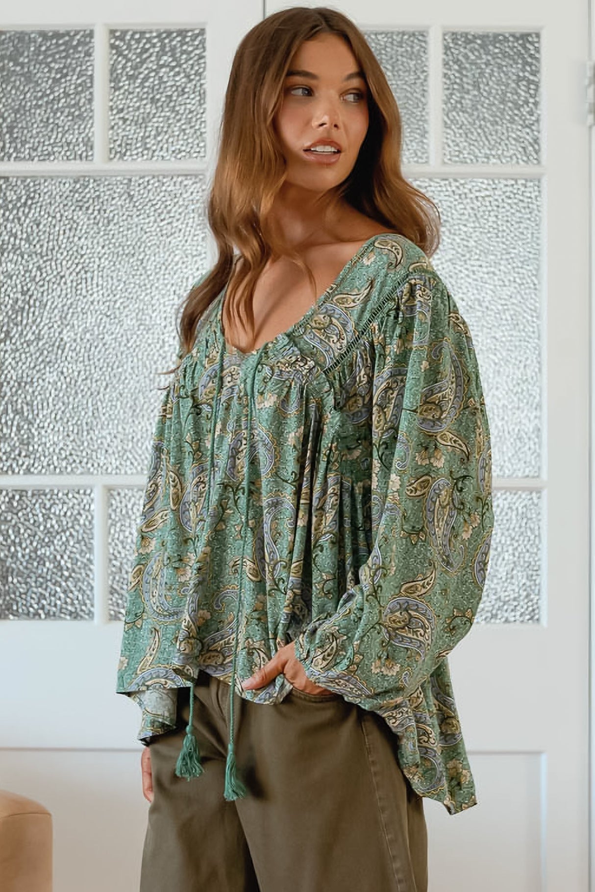JAASE - Anna Top: Crochet Detailed Pull Over with Long Balloon Sleeves in Sagewood Print
