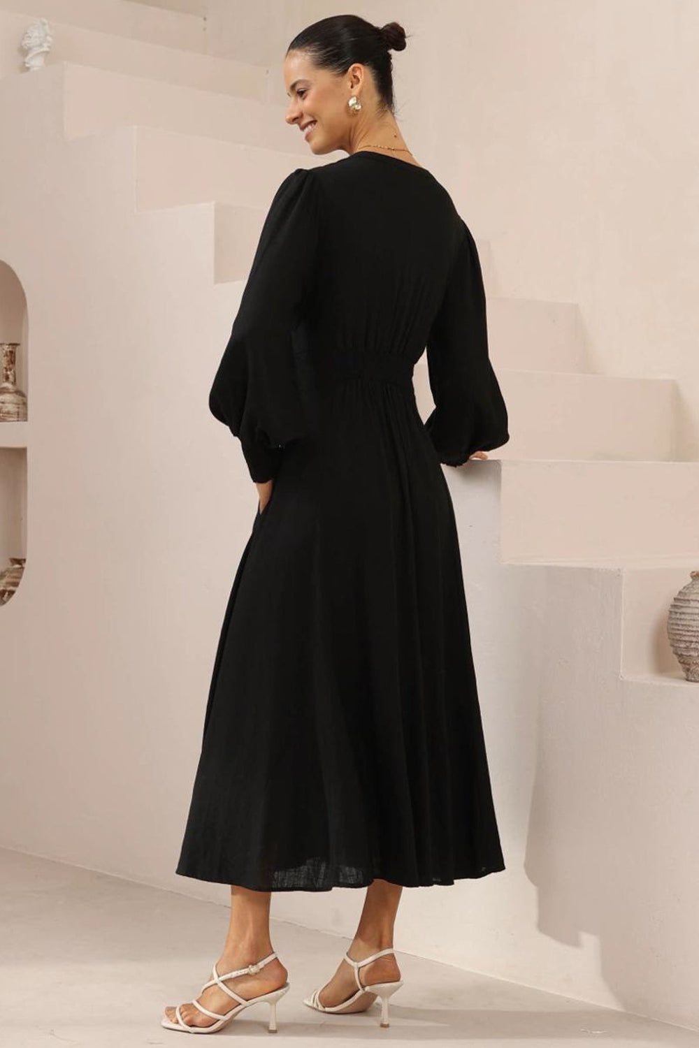 Anne Midi Dress - Mandarin Collar Waist Tie Detailed A Line Dress in Black