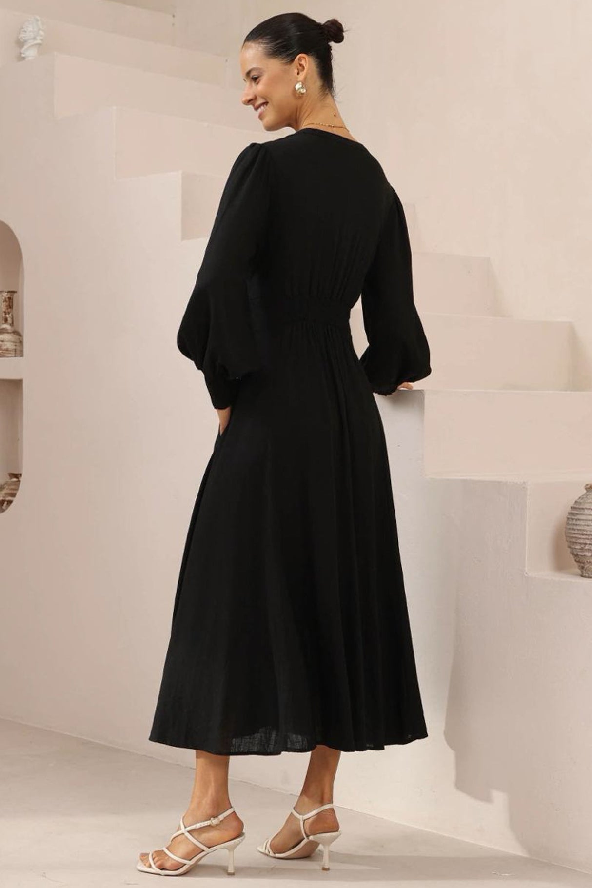 Anne Midi Dress - Mandarin Collar Waist Tie Detailed A Line Dress in Black