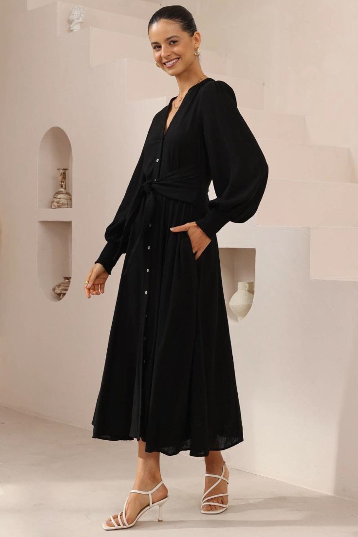 Anne Midi Dress - Mandarin Collar Waist Tie Detailed A Line Dress in Black