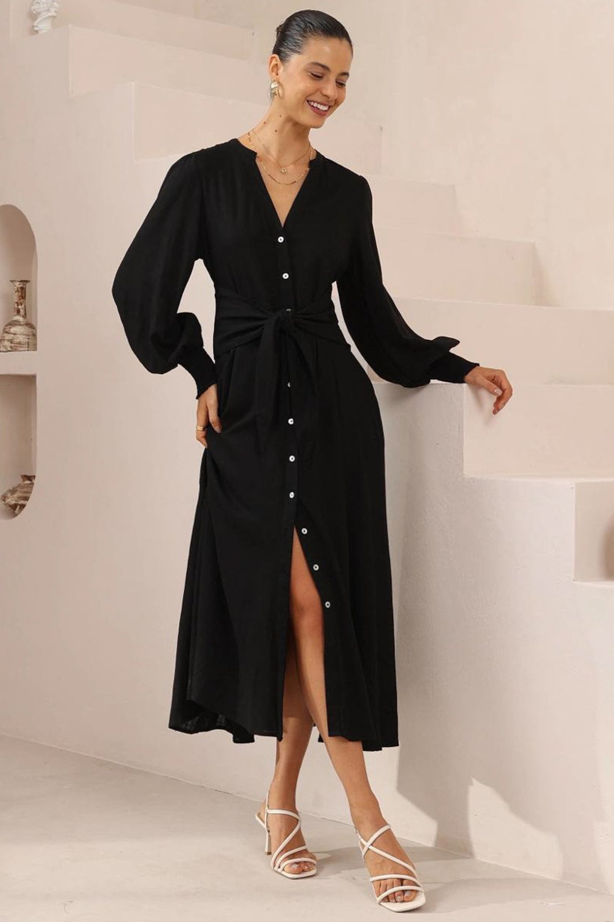 Anne Midi Dress - Mandarin Collar Waist Tie Detailed A Line Dress in Black
