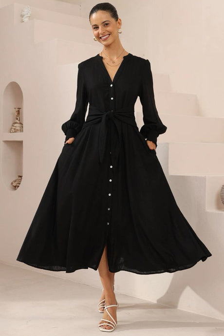 Anne Midi Dress - Mandarin Collar Waist Tie Detailed A Line Dress in Black