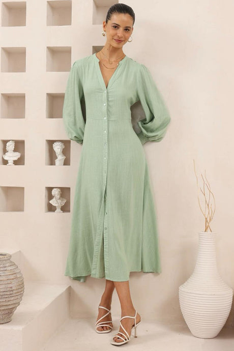 Anne Midi Dress - Mandarin Collar Waist Tie Detailed A Line Dress in Mint