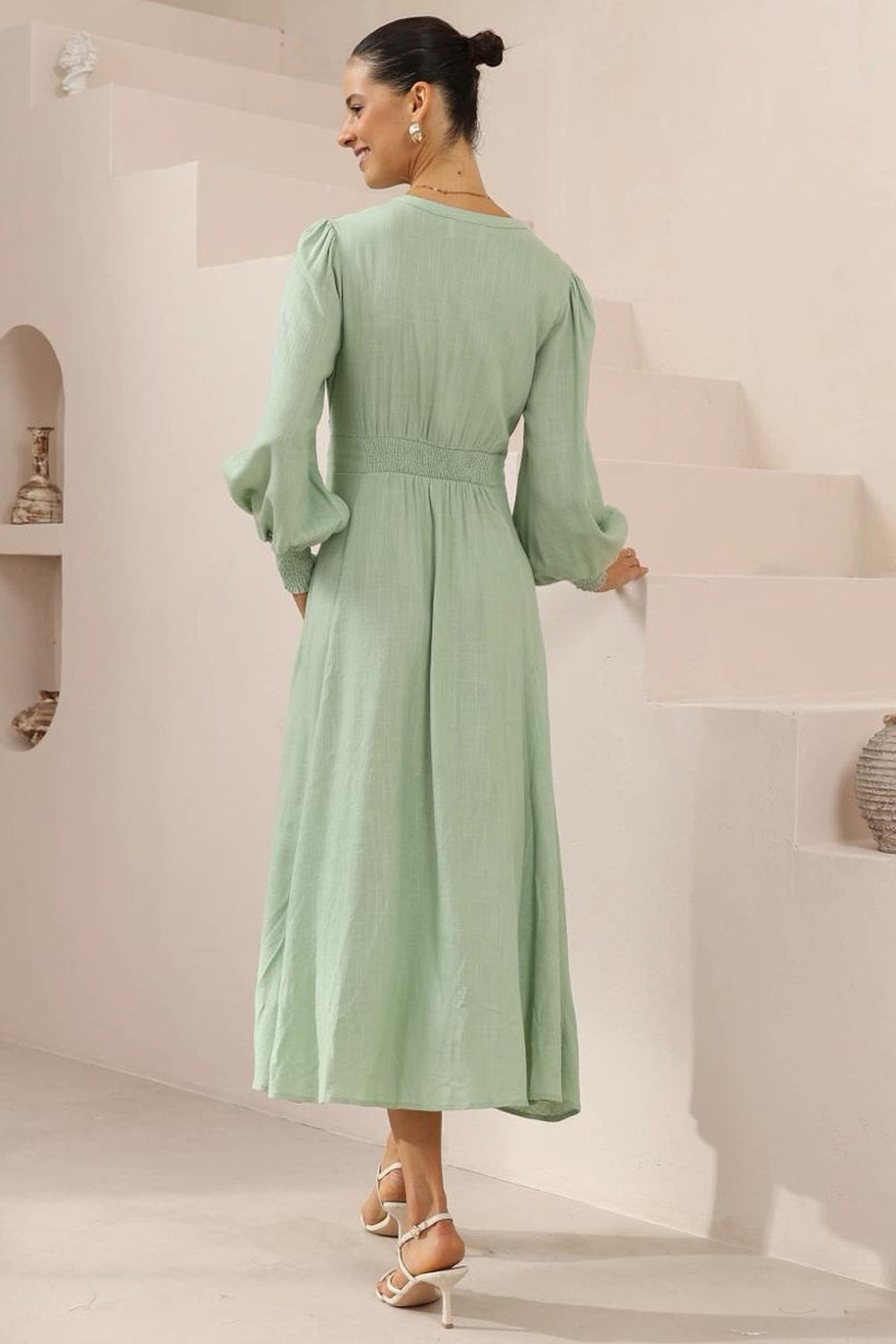 Anne Midi Dress - Mandarin Collar Waist Tie Detailed A Line Dress in Mint