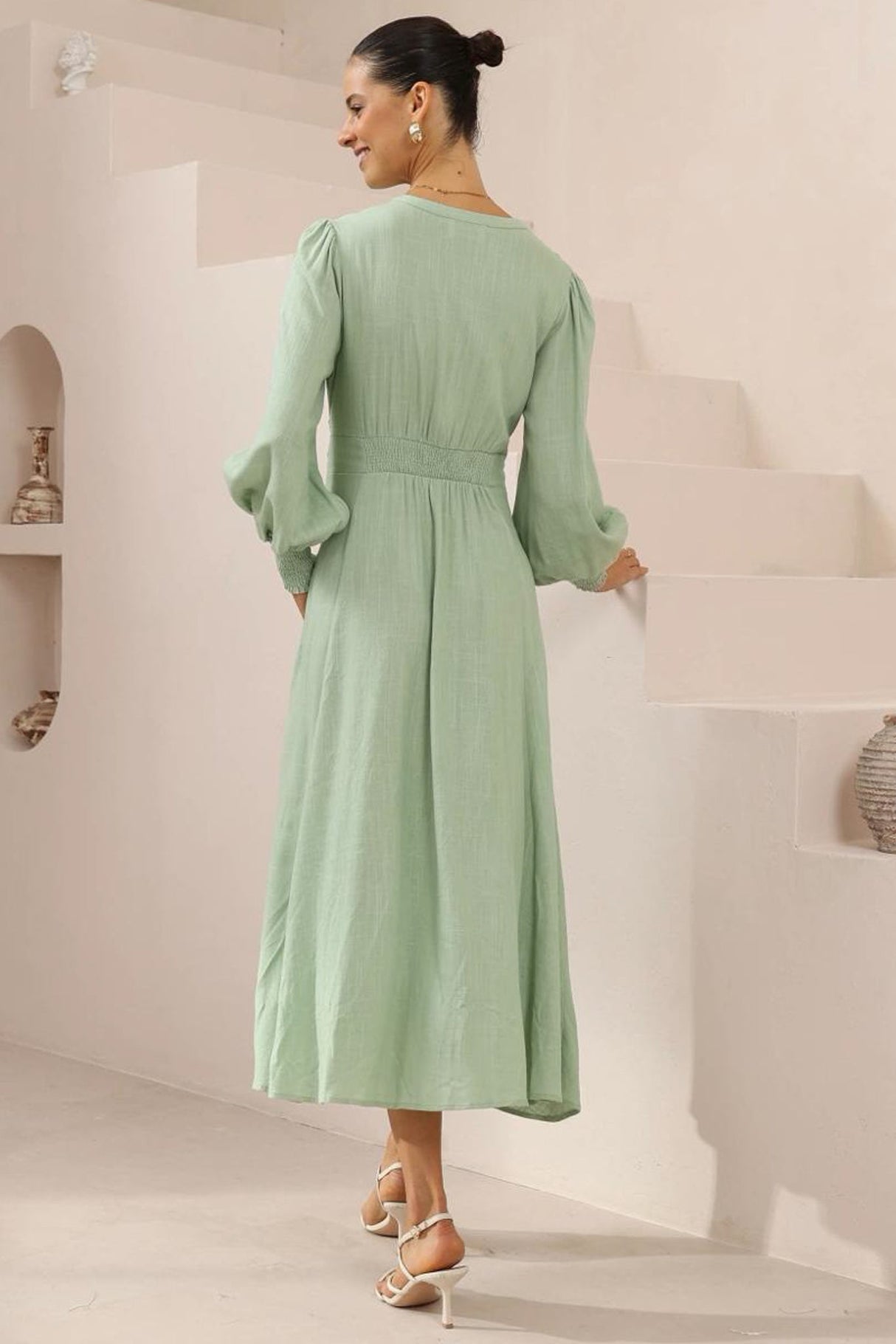 Anne Midi Dress - Mandarin Collar Waist Tie Detailed A Line Dress in Mint