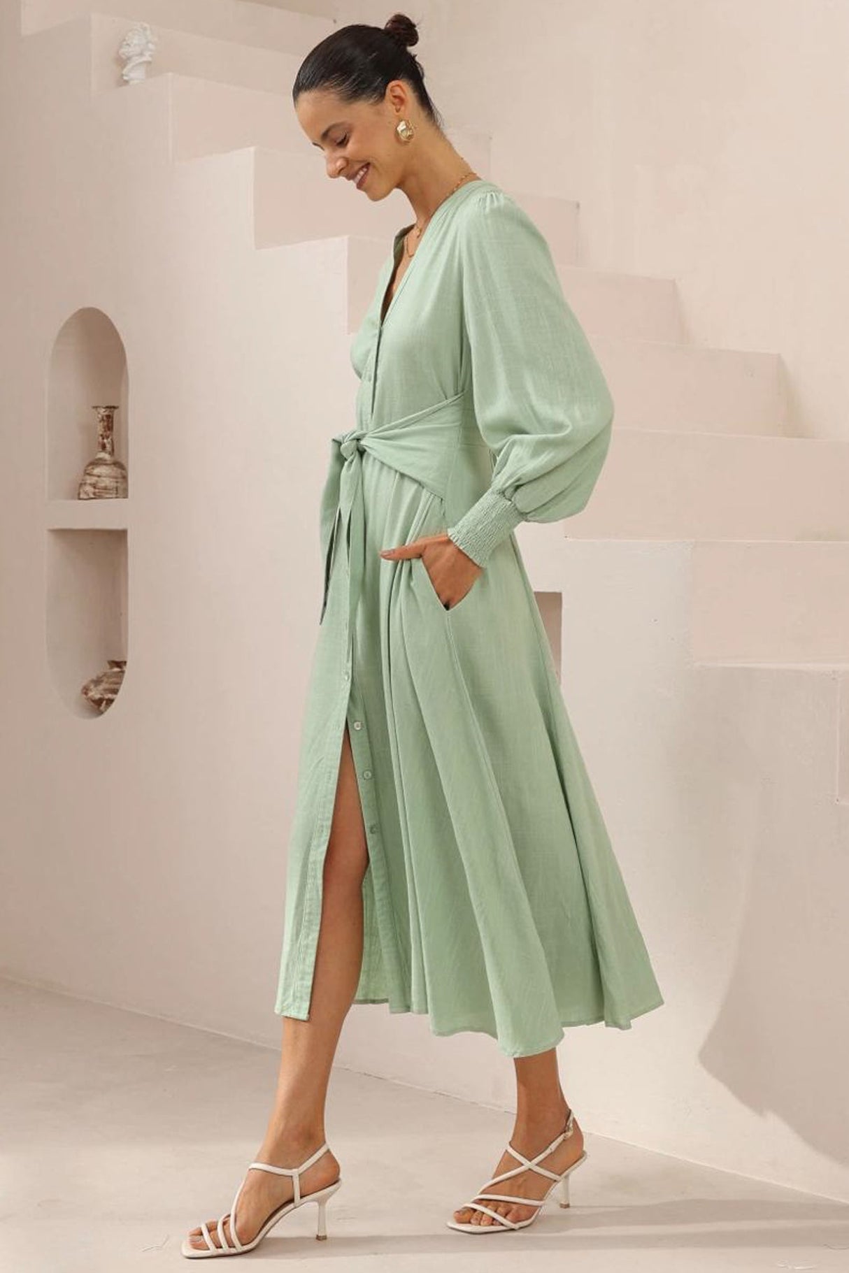 Anne Midi Dress - Mandarin Collar Waist Tie Detailed A Line Dress in Mint