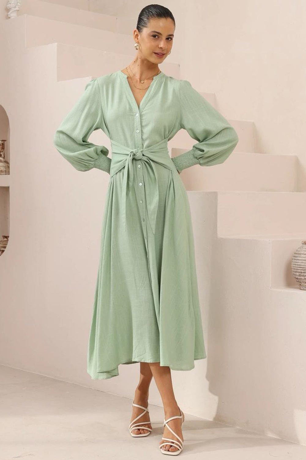 Anne Midi Dress - Mandarin Collar Waist Tie Detailed A Line Dress in Mint