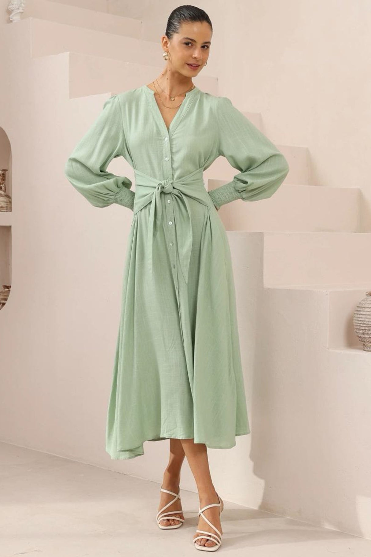 Anne Midi Dress - Mandarin Collar Waist Tie Detailed A Line Dress in Mint