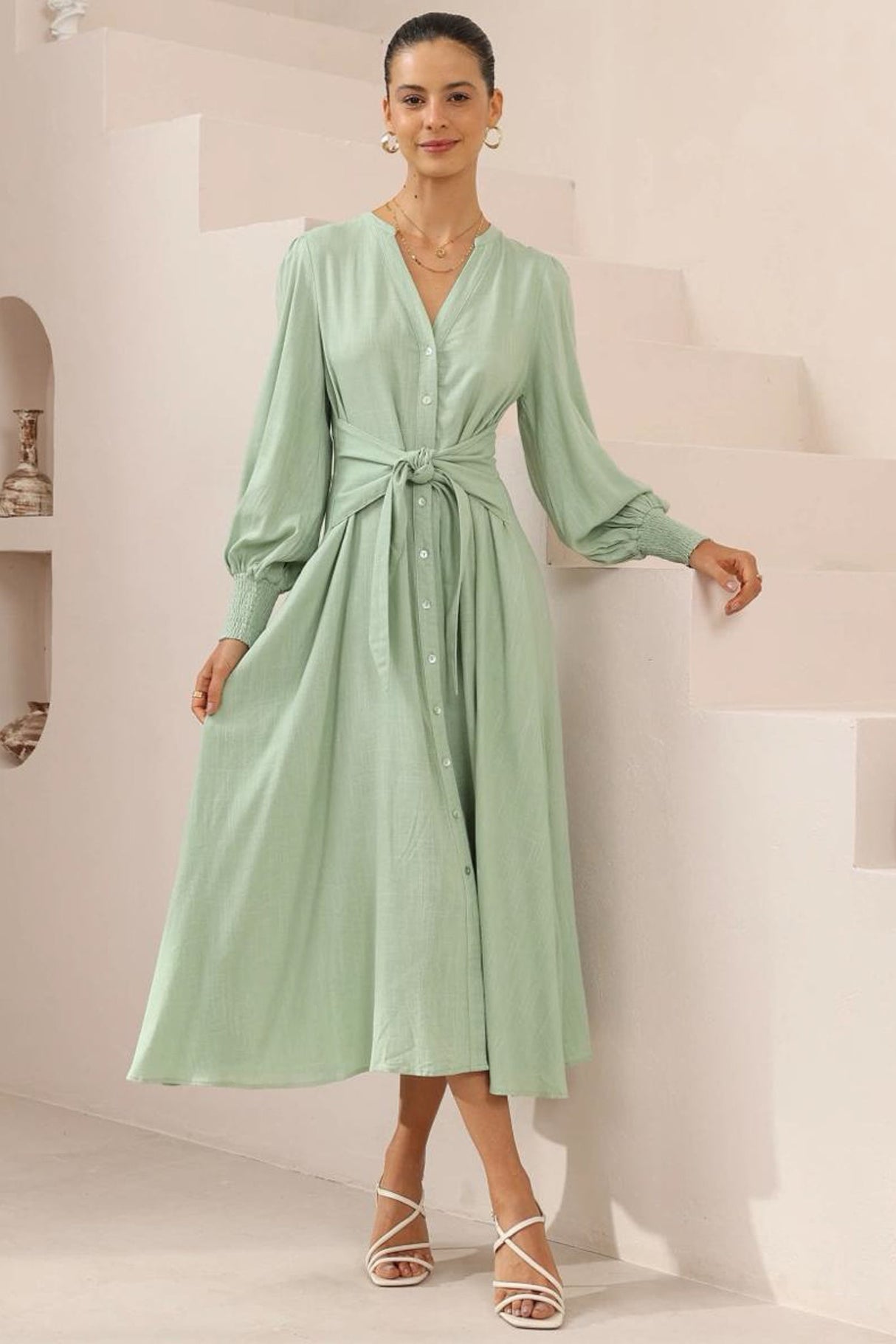 Anne Midi Dress - Mandarin Collar Waist Tie Detailed A Line Dress in Mint
