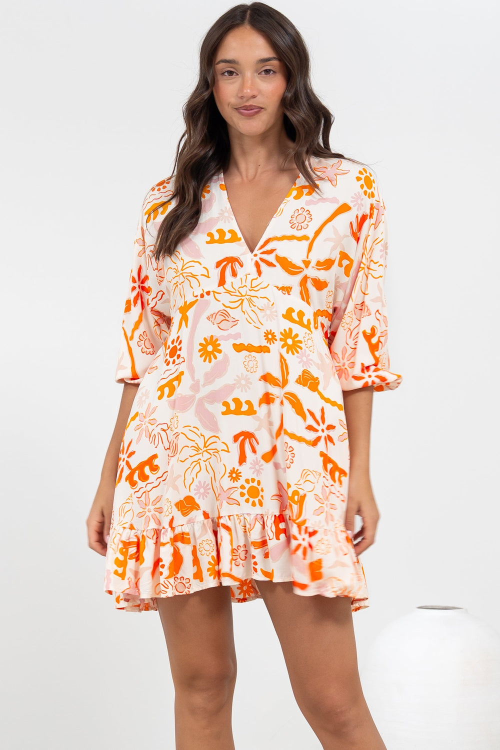 Annika Mini Dress - V-Neck Empire Line Dress with Balloon Sleeves in Sealy Print