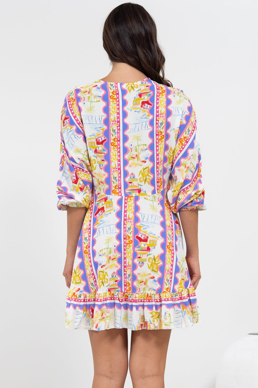 Annika Mini Dress - V-Neck Empire Line Dress with Balloon Sleeves in Wavey Print
