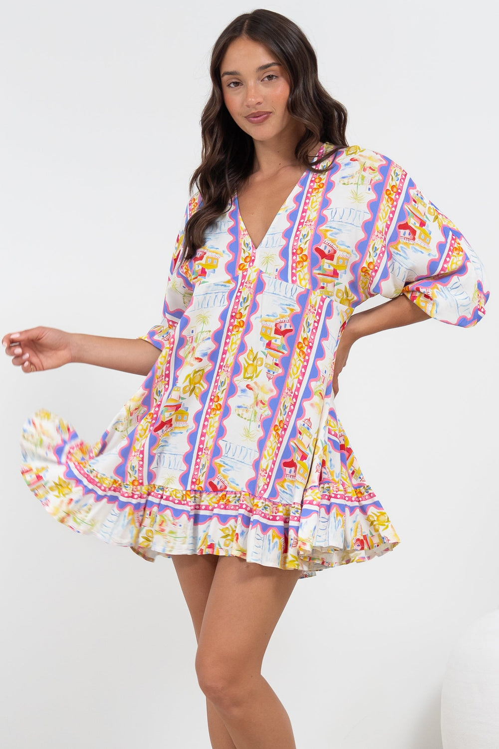 Annika Mini Dress - V-Neck Empire Line Dress with Balloon Sleeves in Wavey Print