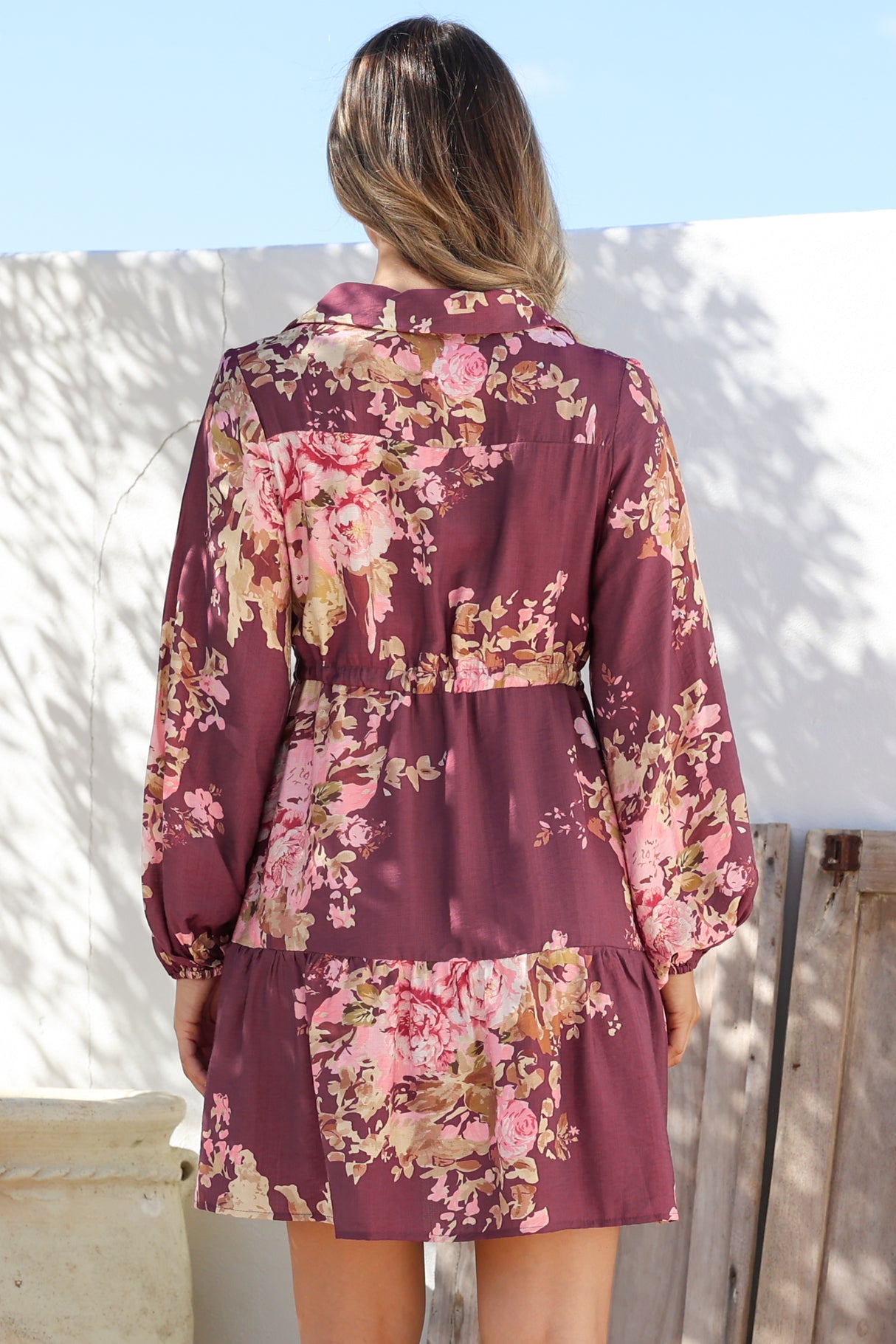 Anora Mini Dress - Collared Long Sleeve Dress with Pull Tie Waist in Vela Print Burgundy