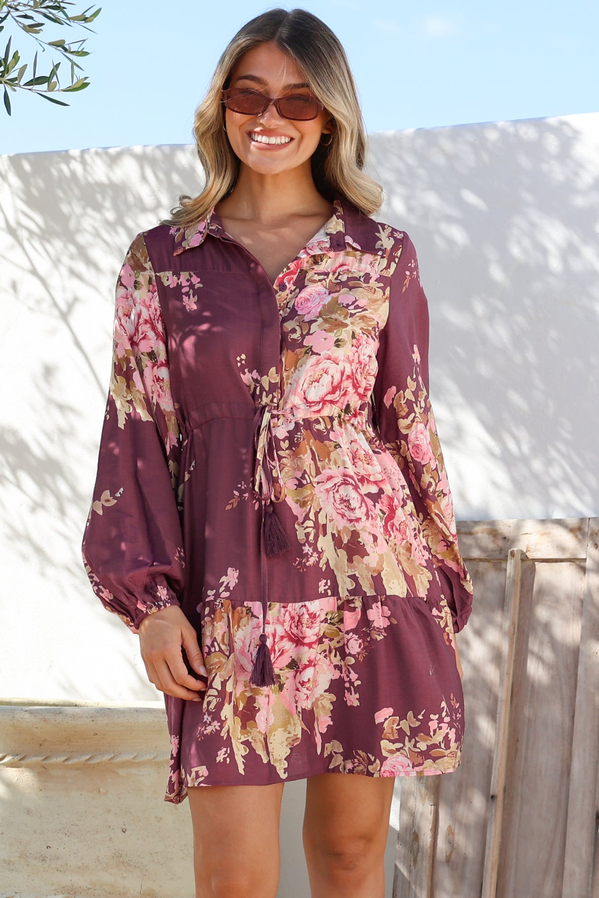 Anora Mini Dress - Collared Long Sleeve Dress with Pull Tie Waist in Vela Print Burgundy