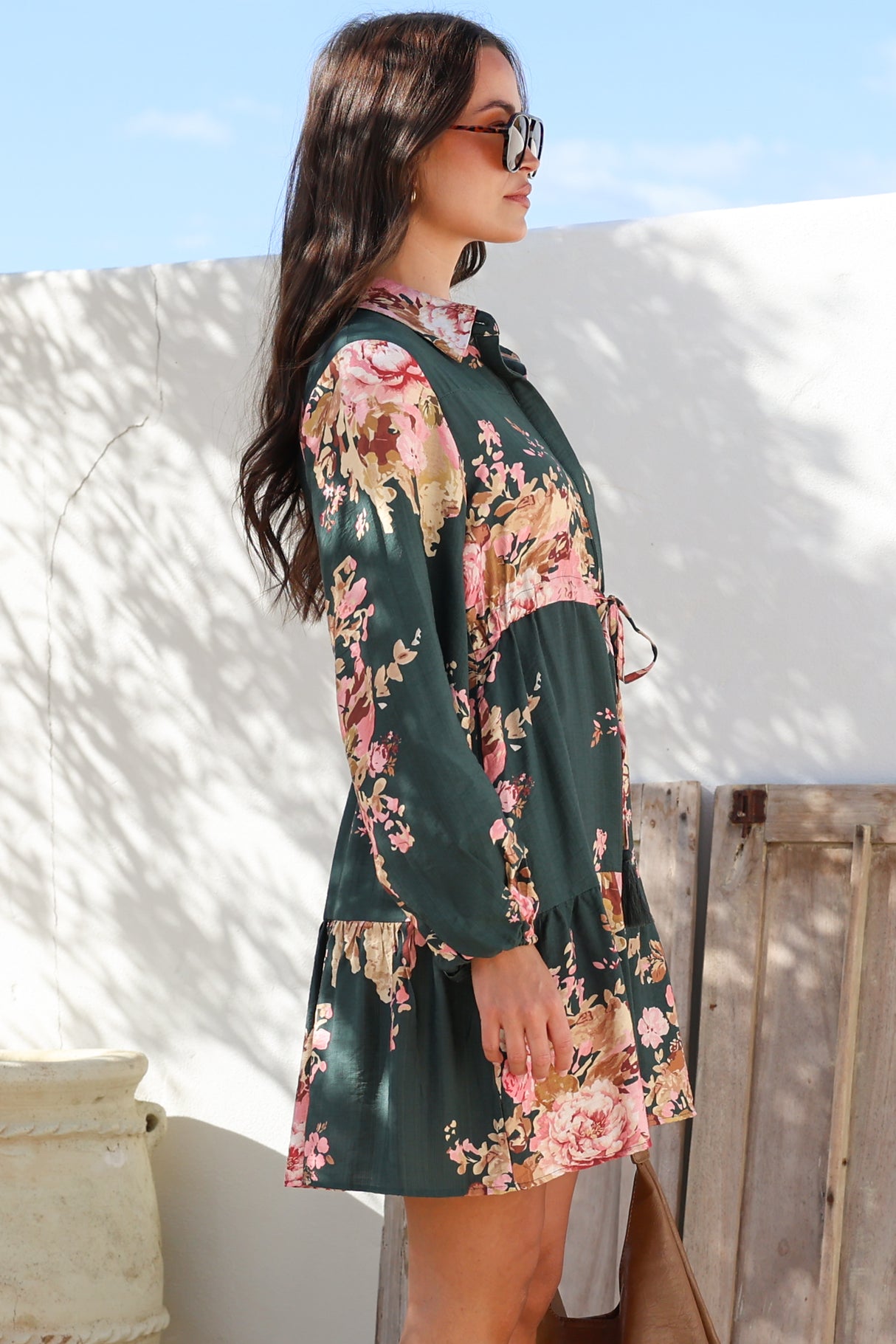 Anora Mini Dress - Collared Long Sleeve Dress with Pull Tie Waist in Vela Print Emerald