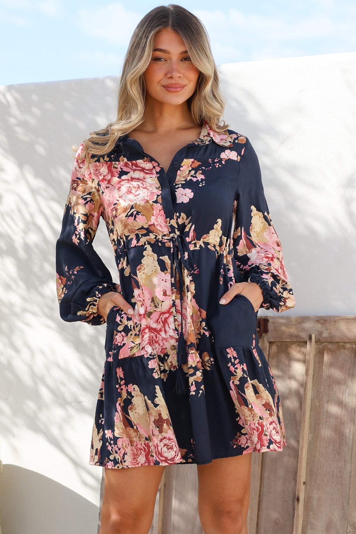 Anora Mini Dress - Collared Long Sleeve Dress with Pull Tie Waist in Vela Print Navy