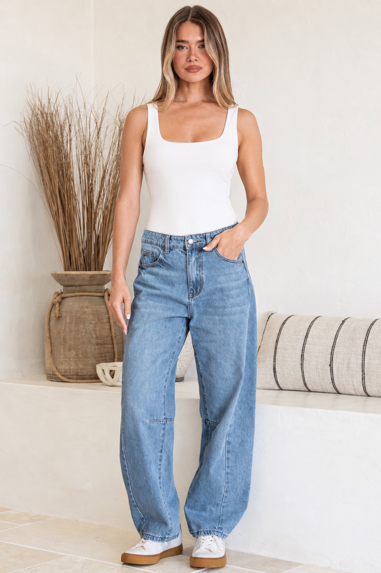 Antoni Barrel Jeans - Mid Rise Whisker Stripe Jeans in Light Denim Wash