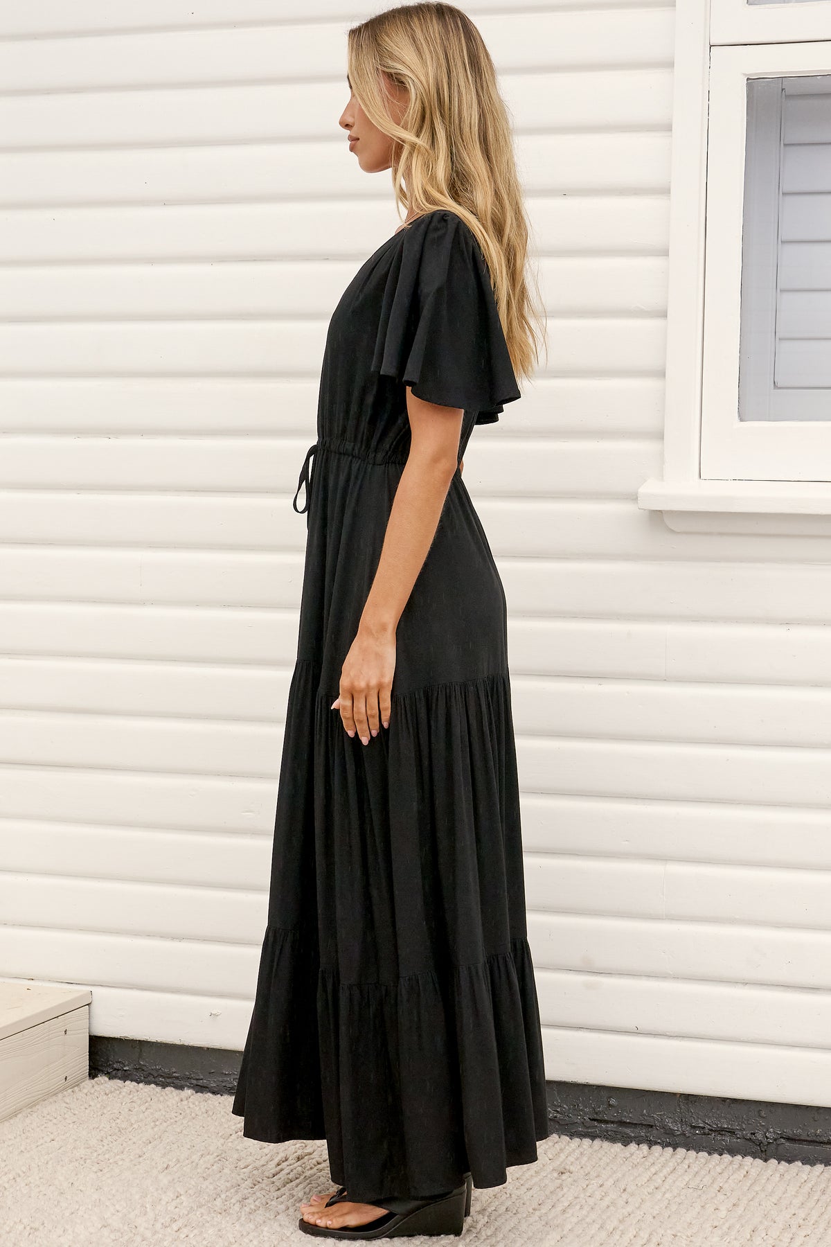 Anya Maxi Dress - Flutter Cap Sleeve Pull Tie Waist Dress in Black