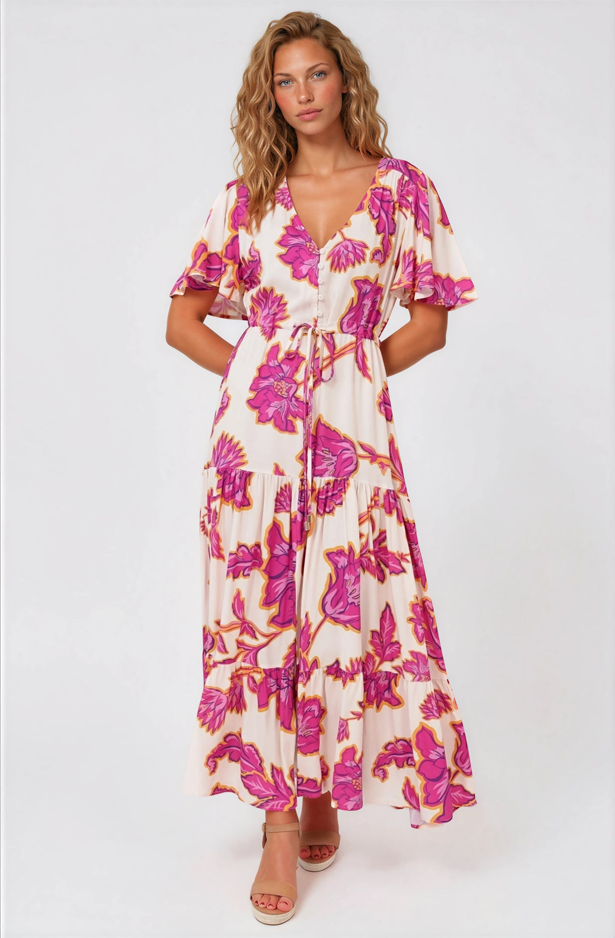 Anya Maxi Dress - Flutter Cap Sleeve Pull Tie Waist Dress in Kalia Print Cream
