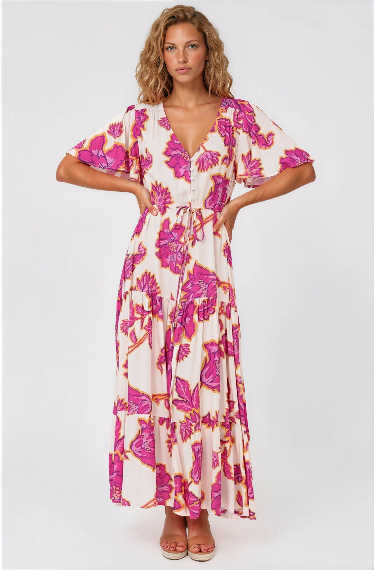 Anya Maxi Dress - Flutter Cap Sleeve Pull Tie Waist Dress in Kalia Print Cream