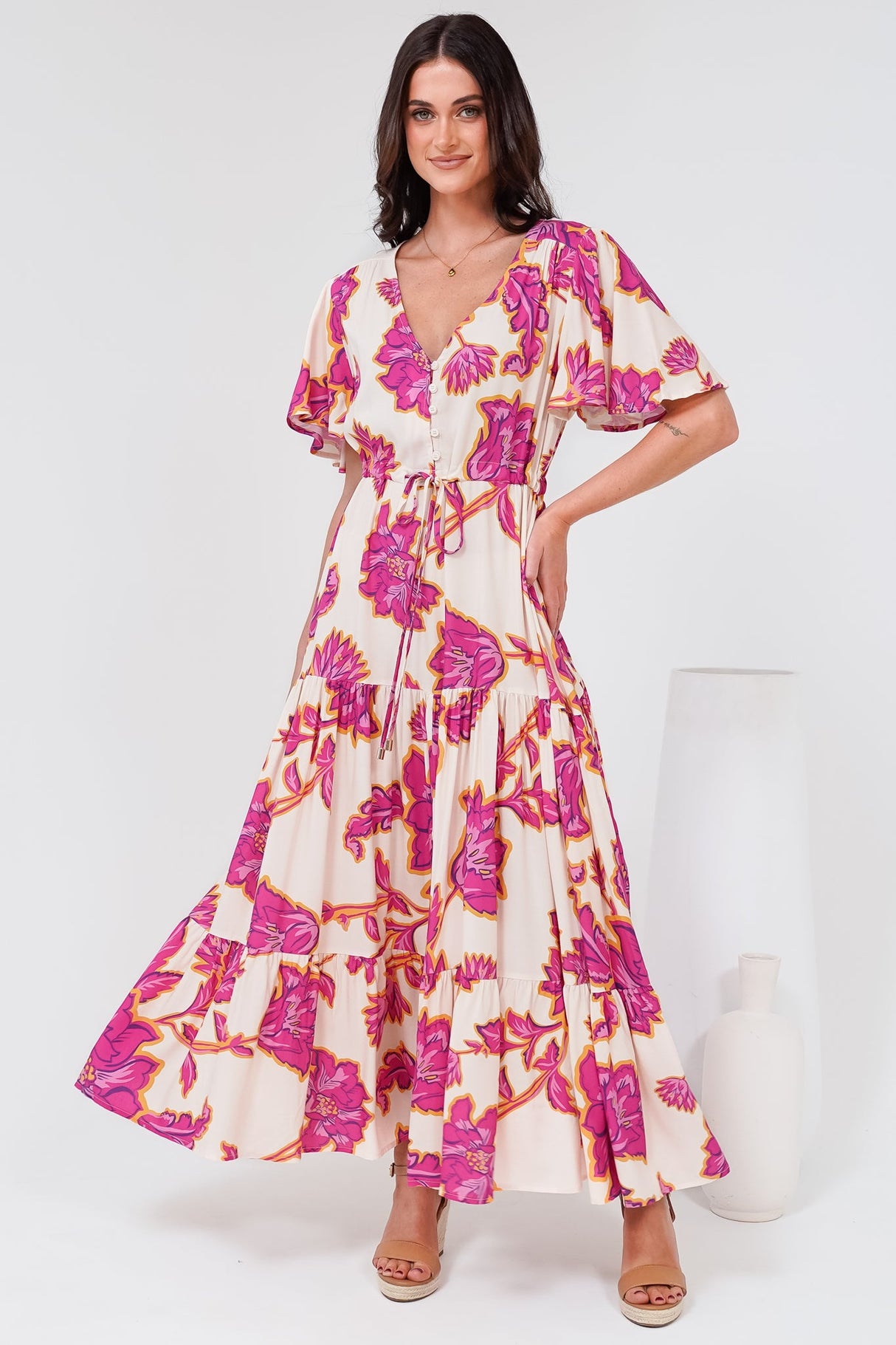 Anya Maxi Dress - Flutter Cap Sleeve Pull Tie Waist Dress in Kalia Print Cream