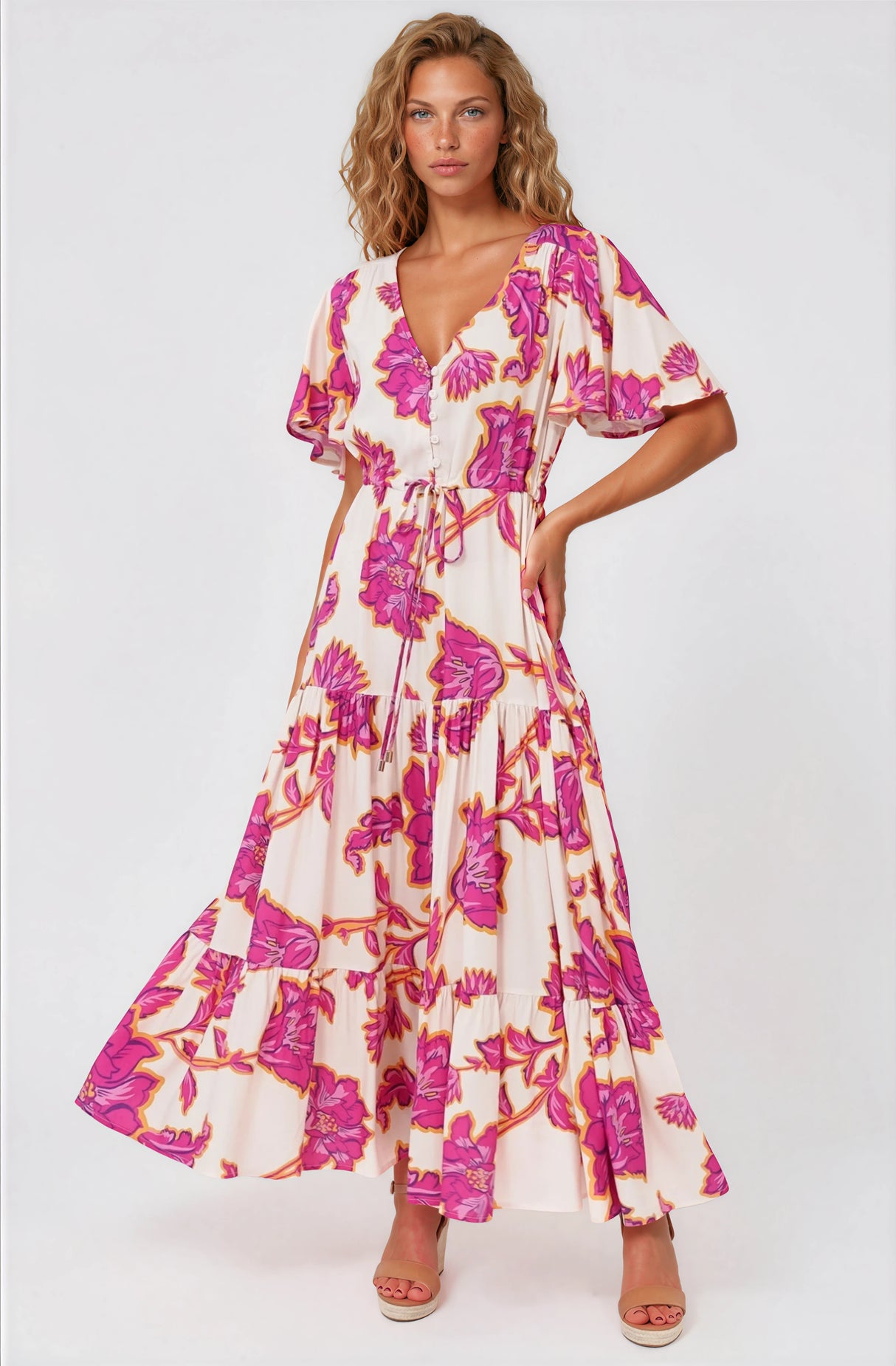 Model wearing Anya Maxi Dress in Kaila Print Cream from Salty Crush