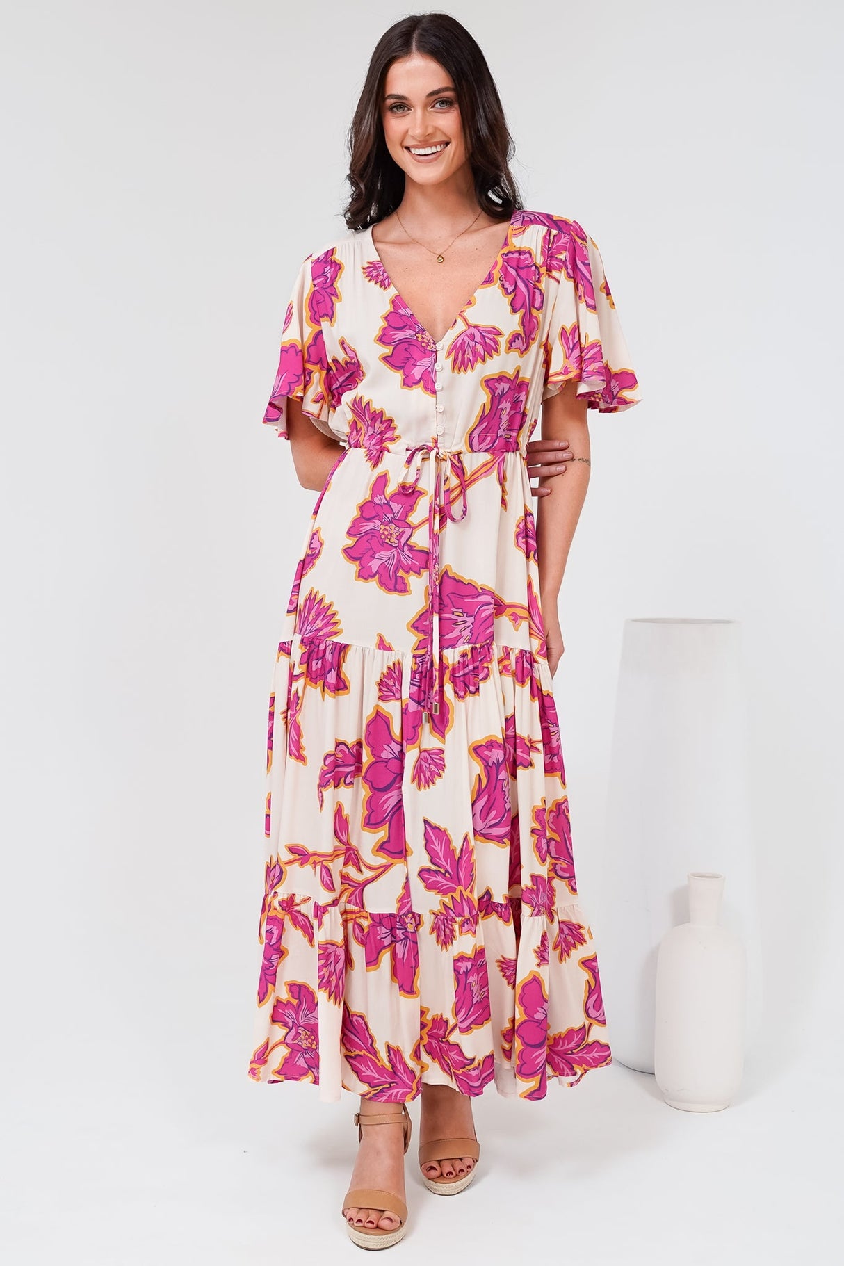 Anya Maxi Dress - Flutter Cap Sleeve Pull Tie Waist Dress in Kalia Print Cream