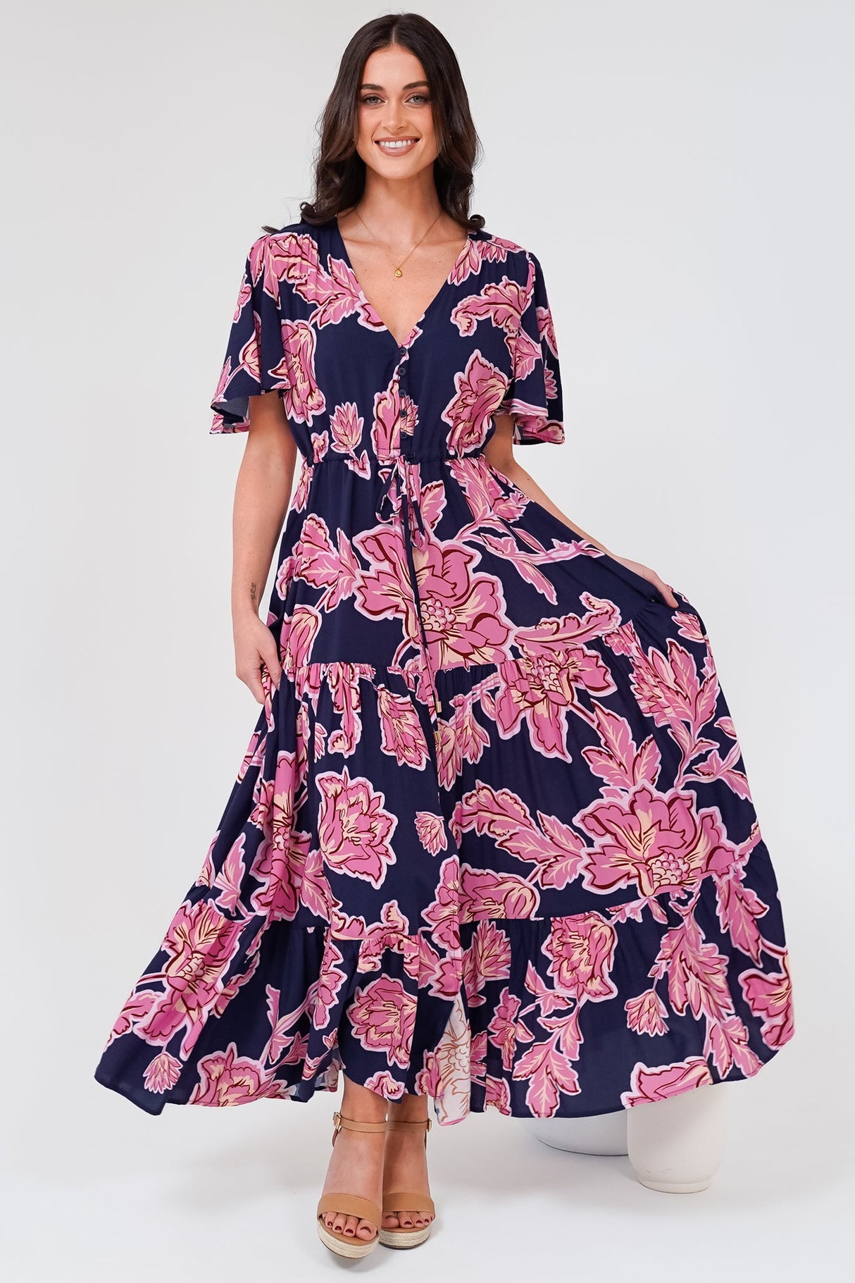 Anya Maxi Dress - Flutter Cap Sleeve Pull Tie Waist Dress in Kalia Print Navy