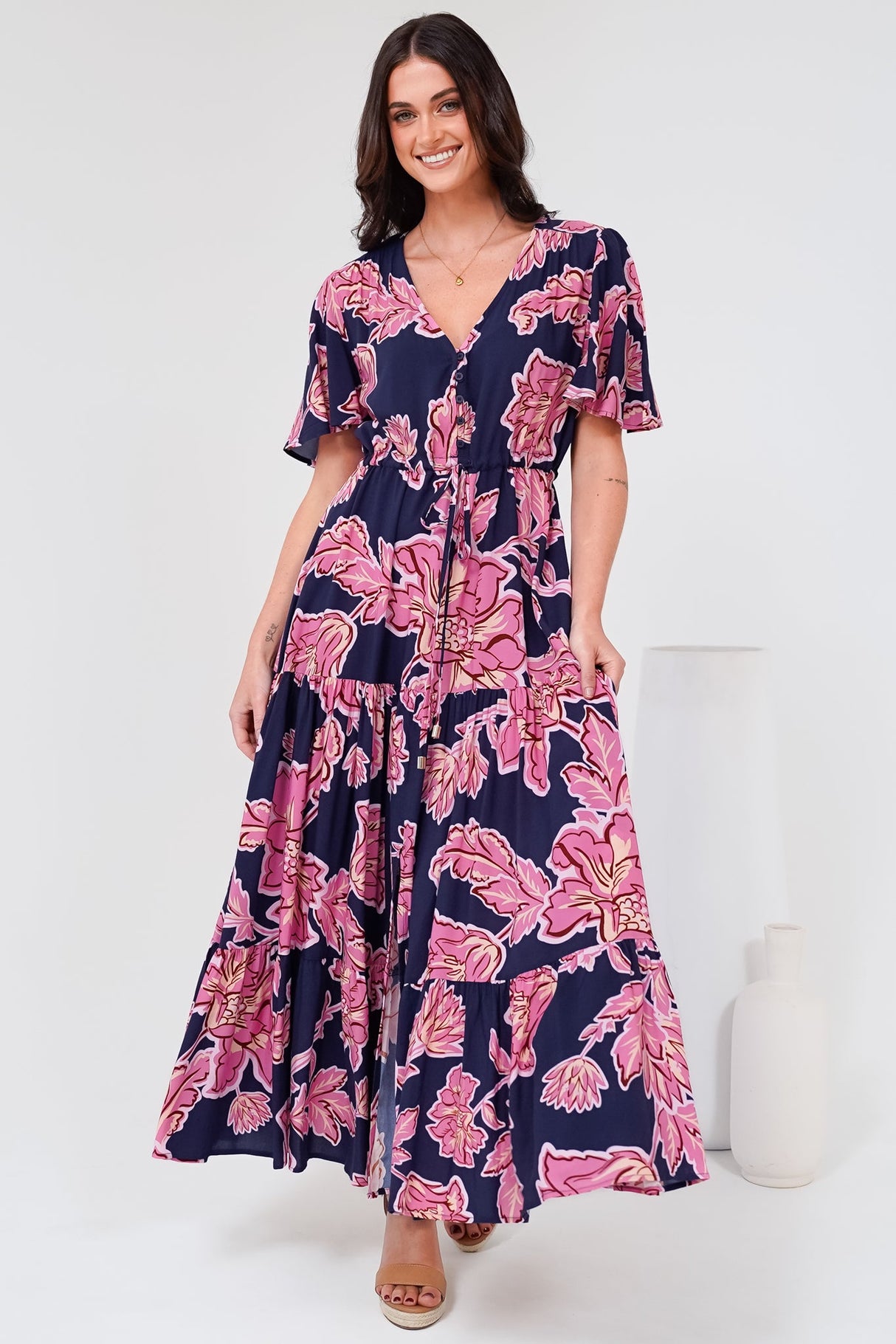 Anya Maxi Dress - Flutter Cap Sleeve Pull Tie Waist Dress in Kalia Print Navy