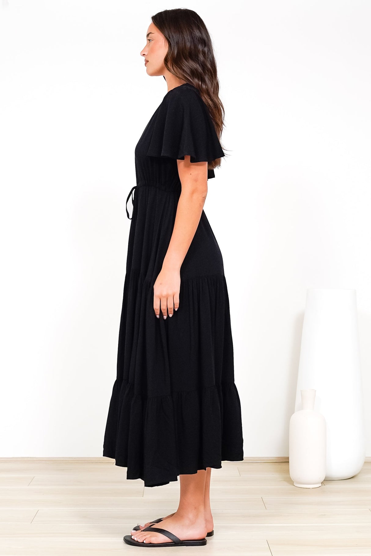 Anya Maxi Dress - Flutter Cap Sleeve Pull Tie Waist Dress in Black