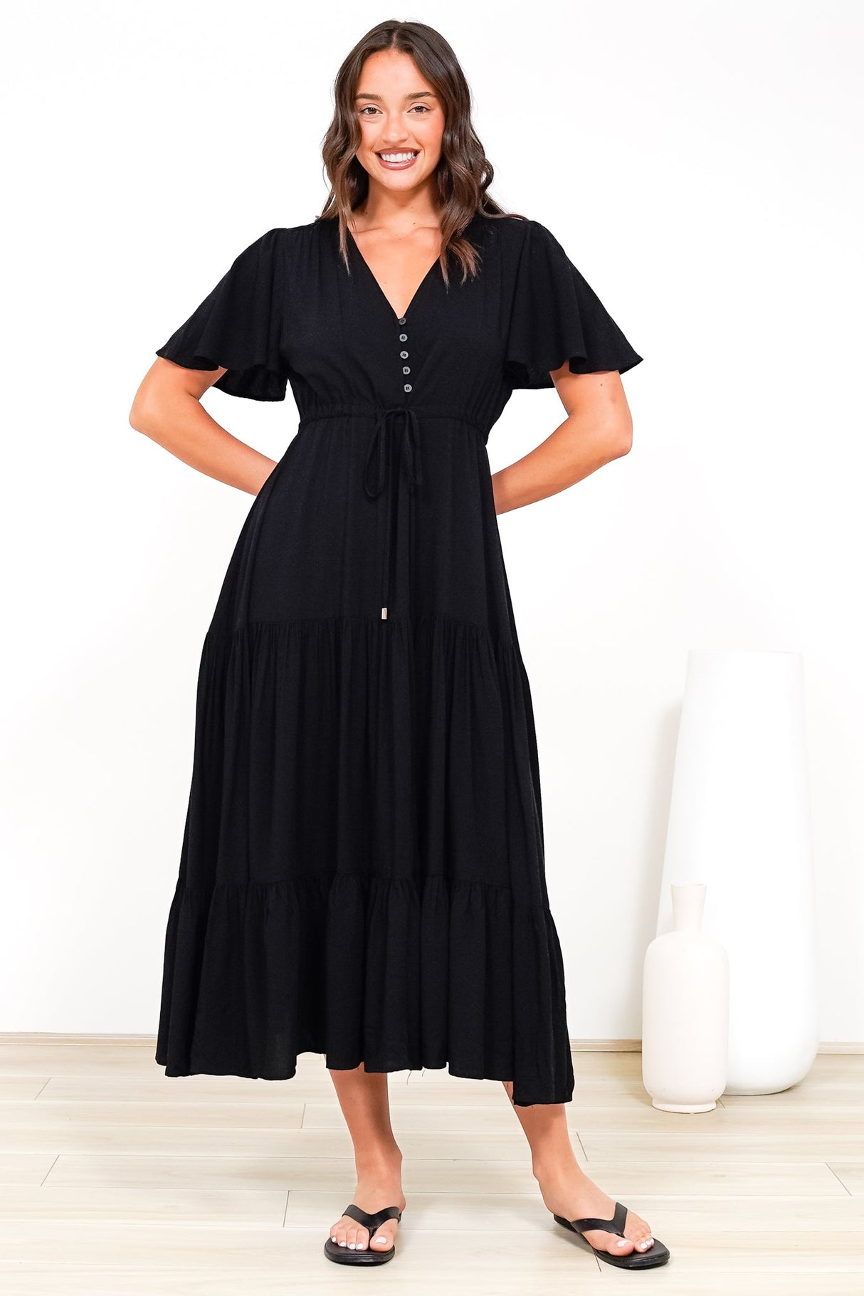 Anya Maxi Dress - Flutter Cap Sleeve Pull Tie Waist Dress in Black