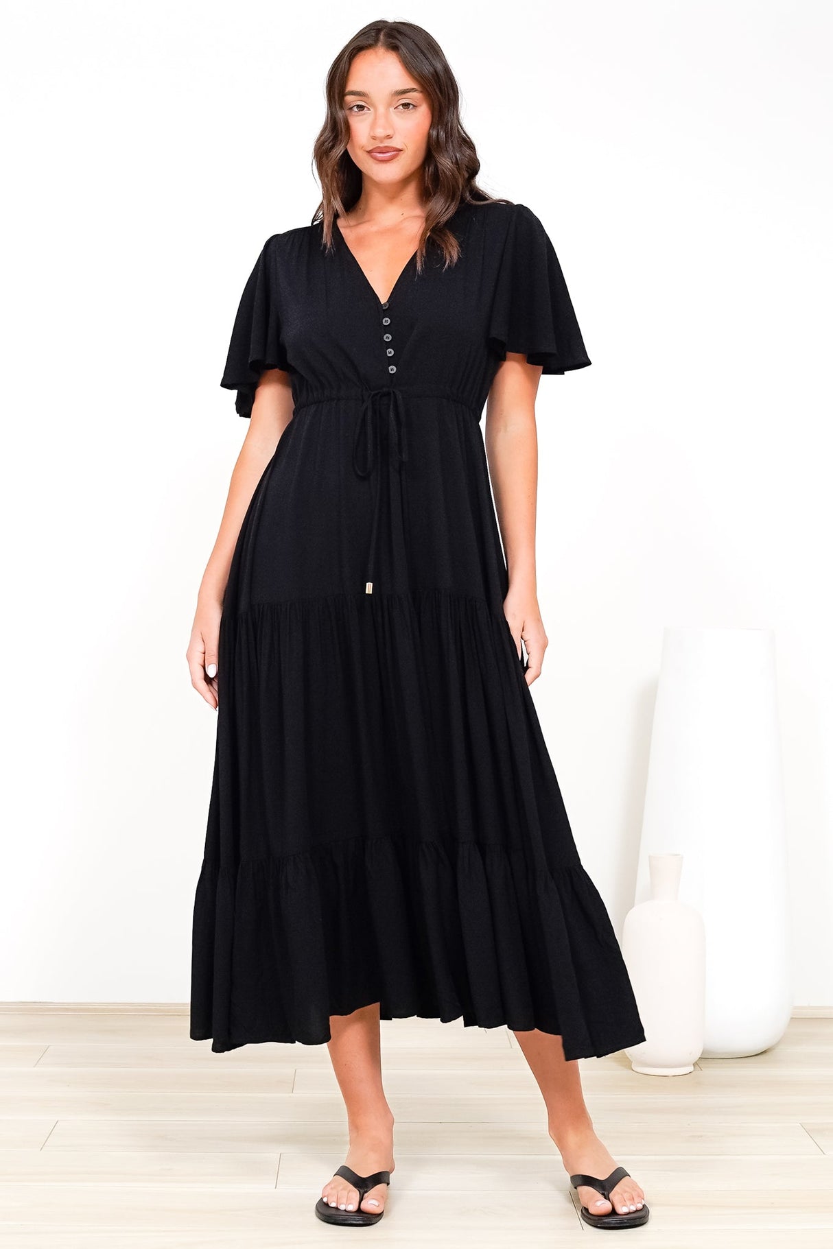 Anya Maxi Dress - Flutter Cap Sleeve Pull Tie Waist Dress in Black
