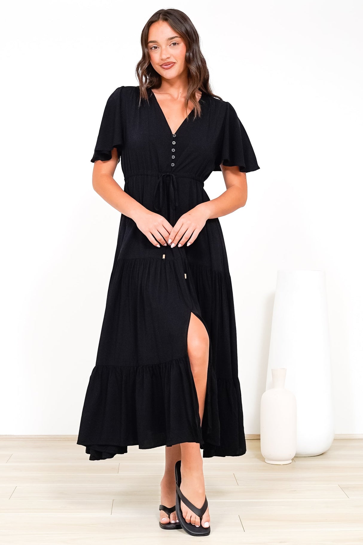 Anya Maxi Dress - Flutter Cap Sleeve Pull Tie Waist Dress in Black